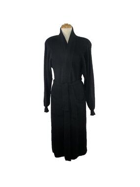 Vtg Brenda French Sz L Black Long Open Front Belted Cardigan Mohair Wool Blend
